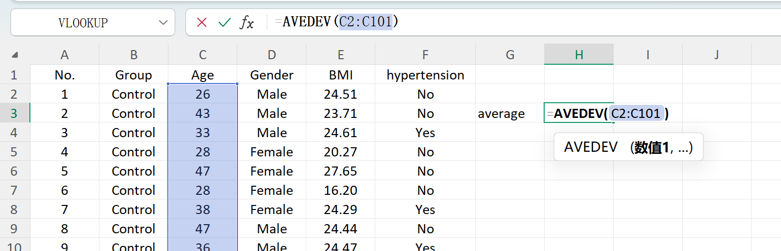 Figure : Calcul de la moyenne dans Excel